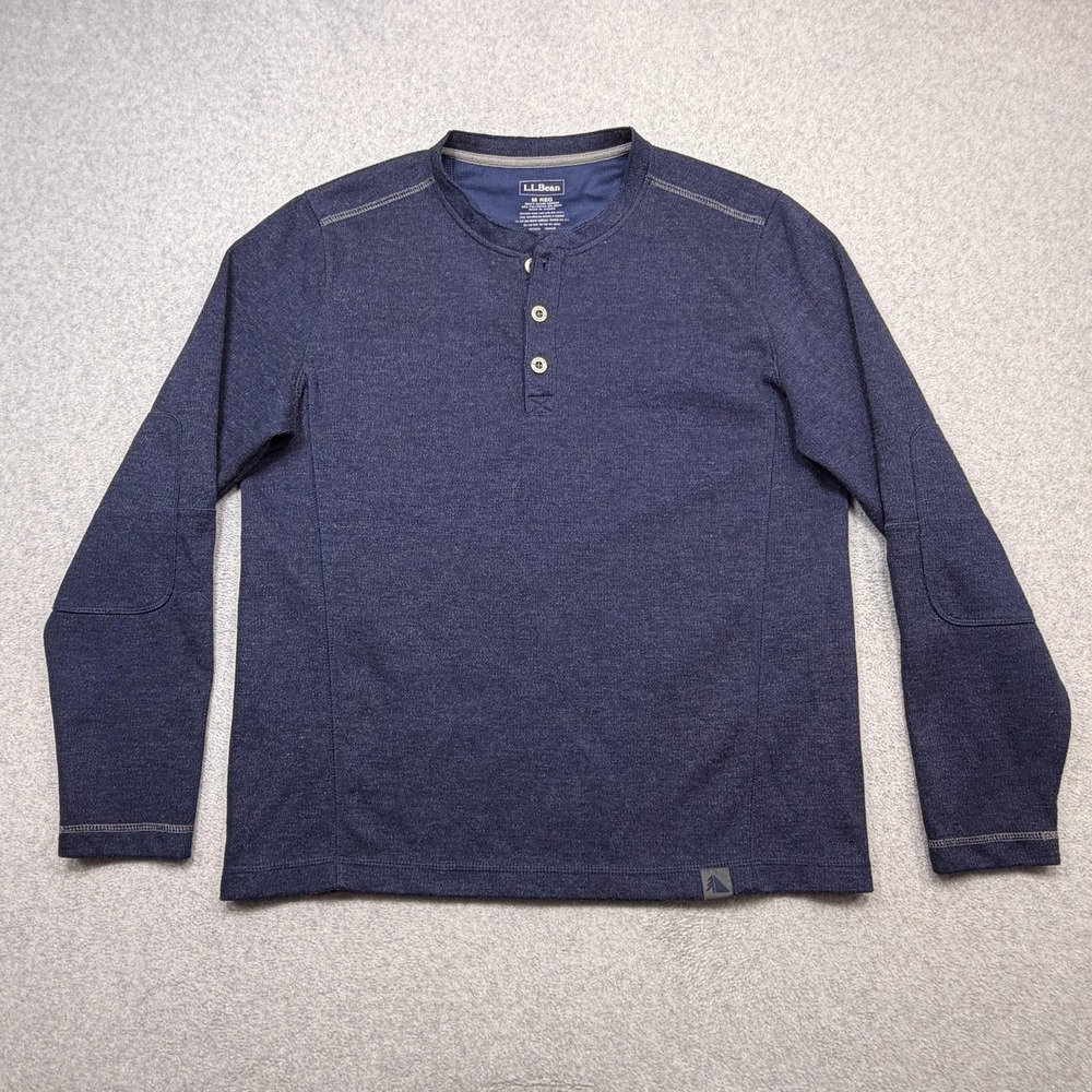 LL Bean Shirt Mens Medium Blue Long Sleeve Henley Wool Blend Hiking Elbow Patch